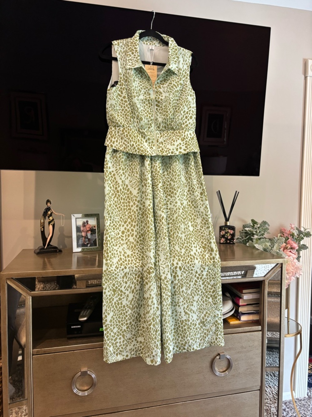 Green Animal-Print Sleeveless Pantsuit